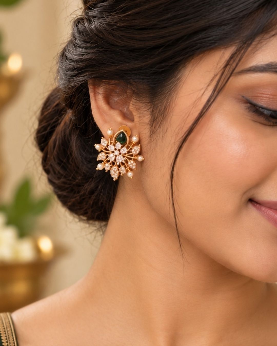 zircon diamond gold plated necklace with earrings designed with white pearls and leaf shaped gold beads with green emerald stone in middle. This necklace set has a premium gold finish, is lightweight, and comfortable to wear. Suitable for daily use, pooja, weddings, festivals, functions, and family occasions. It is sweat-proof, anti-fade, skin-friendly, and easy to wear daily