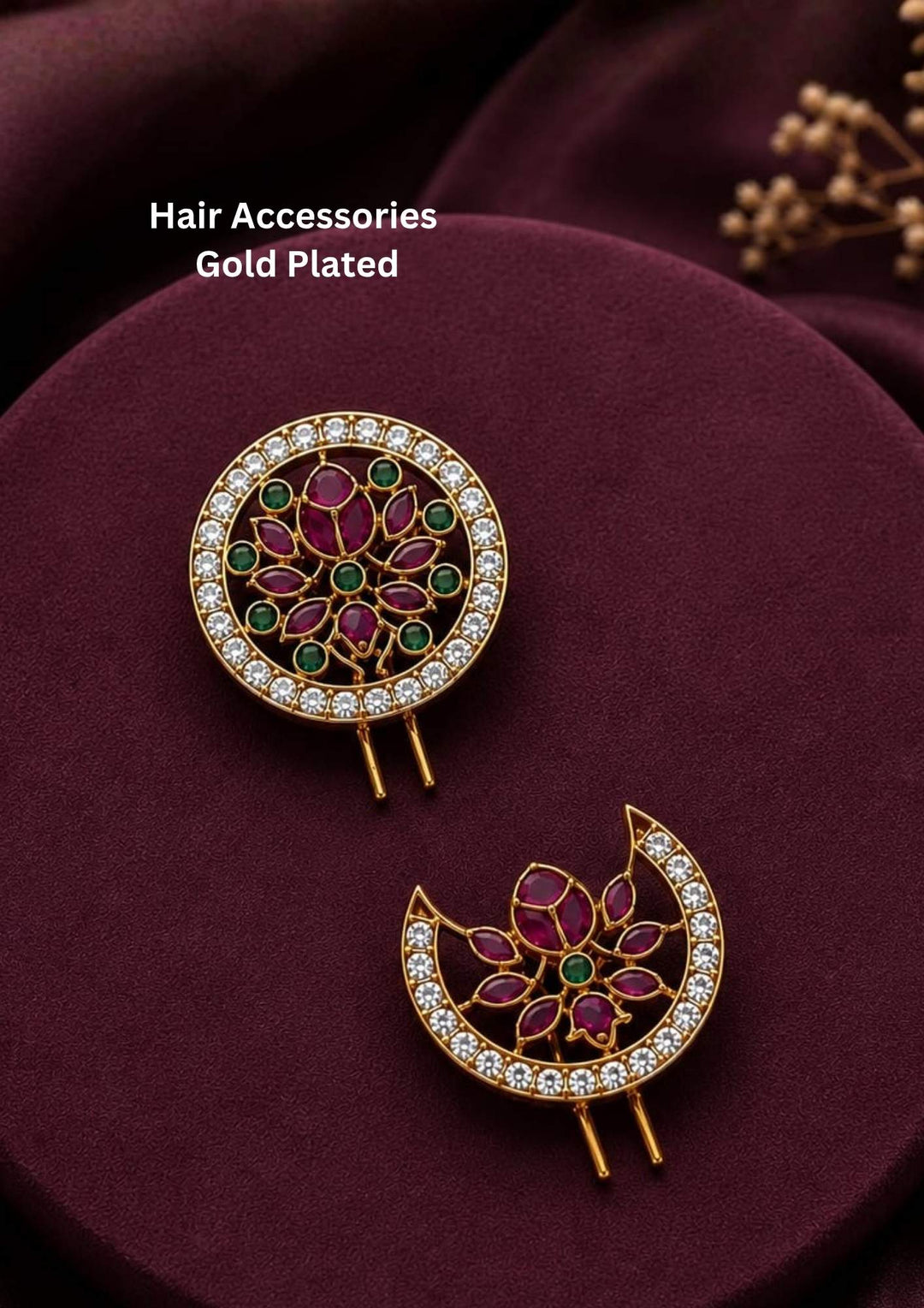 Beautiful Jadau Kundan gold plated Sun and Moon brooch set featuring floral craftsmanship with ruby, green stone, and zircon detailing. Perfect for festive occasions, traditional attire, cultural events, and premium gifting.