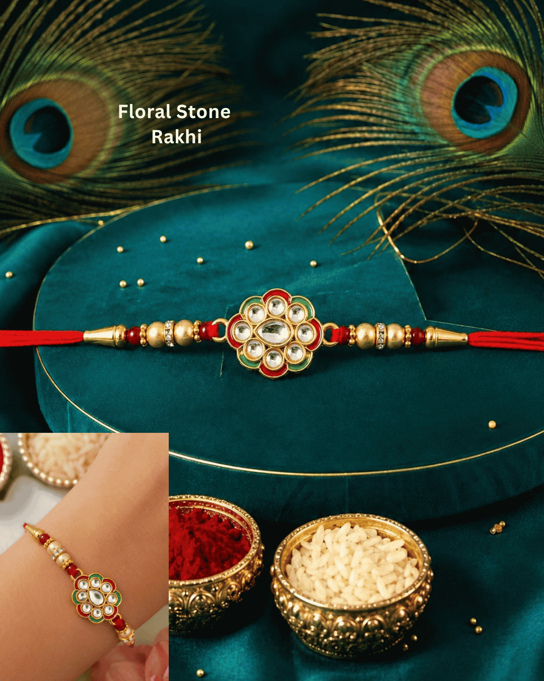 Elegant Floral Stone Rakhi showcasing a sparkling floral centerpiece with premium stone embellishments, golden beads, and a festive handcrafted design.