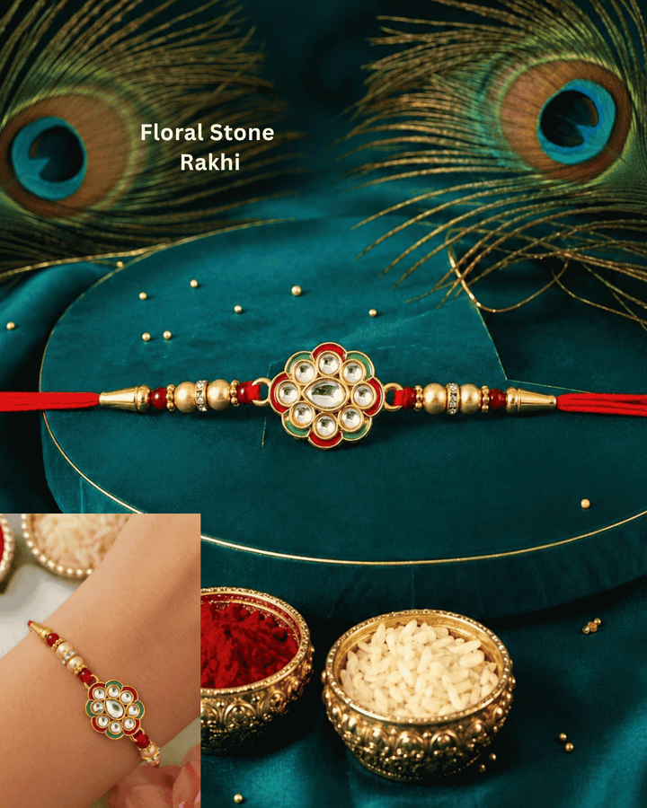 Elegant Floral Stone Rakhi showcasing a sparkling floral centerpiece with premium stone embellishments, golden beads, and a festive handcrafted design.