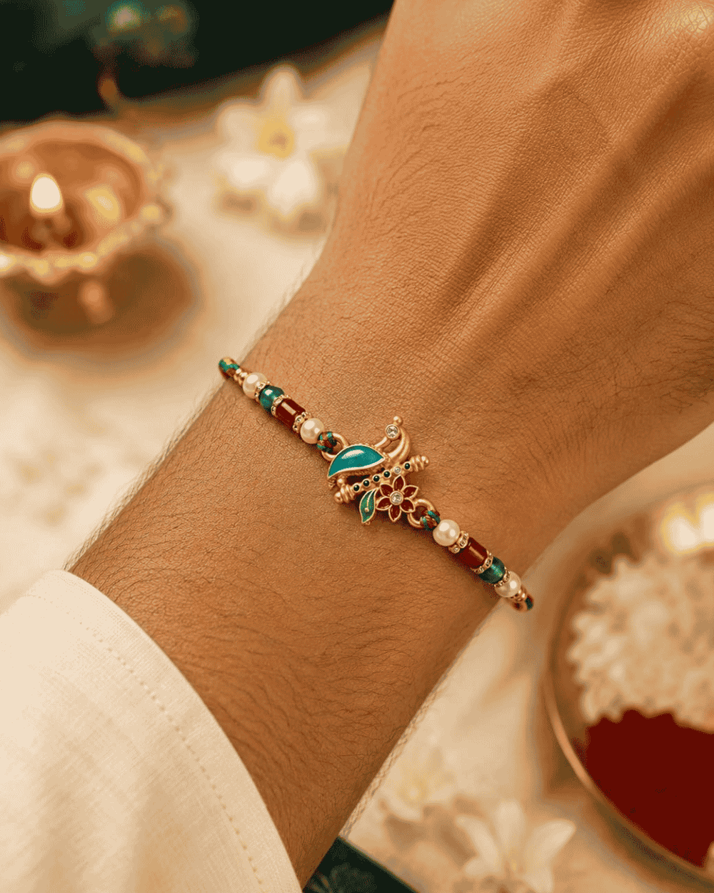 Traditional Floral Peacock Rakhi with a beautifully detailed peacock design, decorative pearl embellishments, colorful beads, and premium craftsmanship.