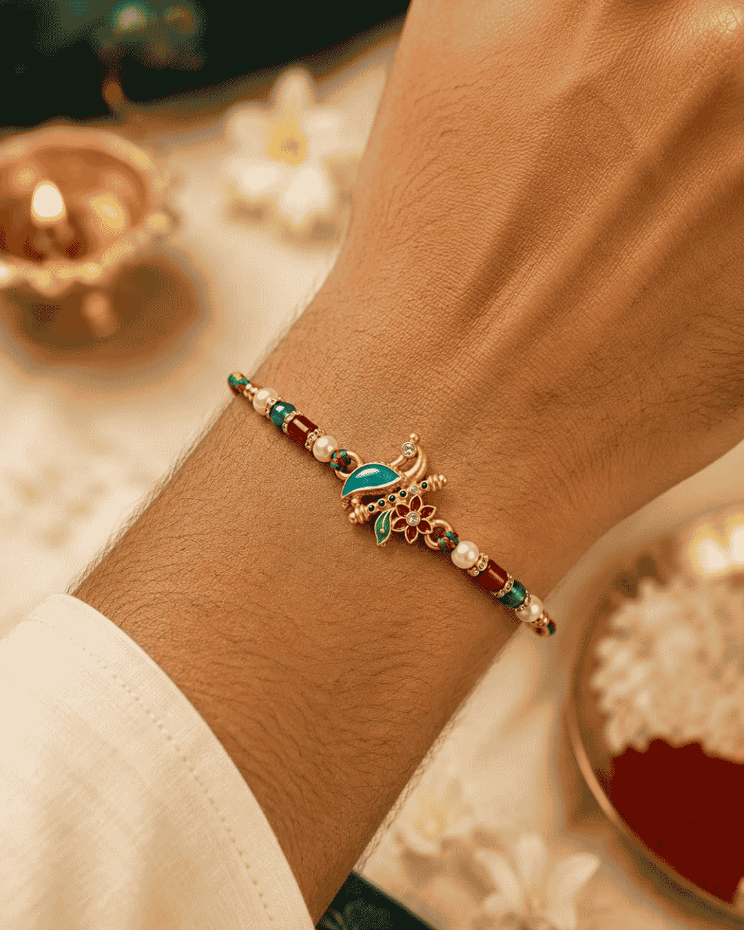 Traditional Floral Peacock Rakhi with a beautifully detailed peacock design, decorative pearl embellishments, colorful beads, and premium craftsmanship.