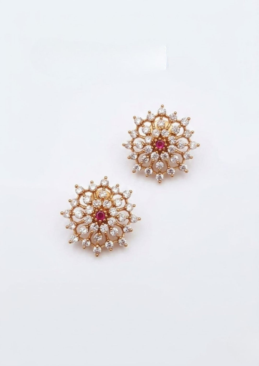 Zircon Diamond Gold Plated Floral red gemstone Studs with White Background can see very detail in white background 