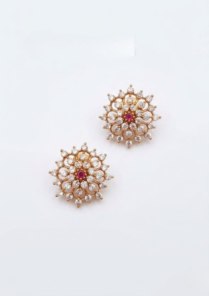 Zircon Diamond Gold Plated Floral red gemstone Studs with White Background can see very detail in white background 
