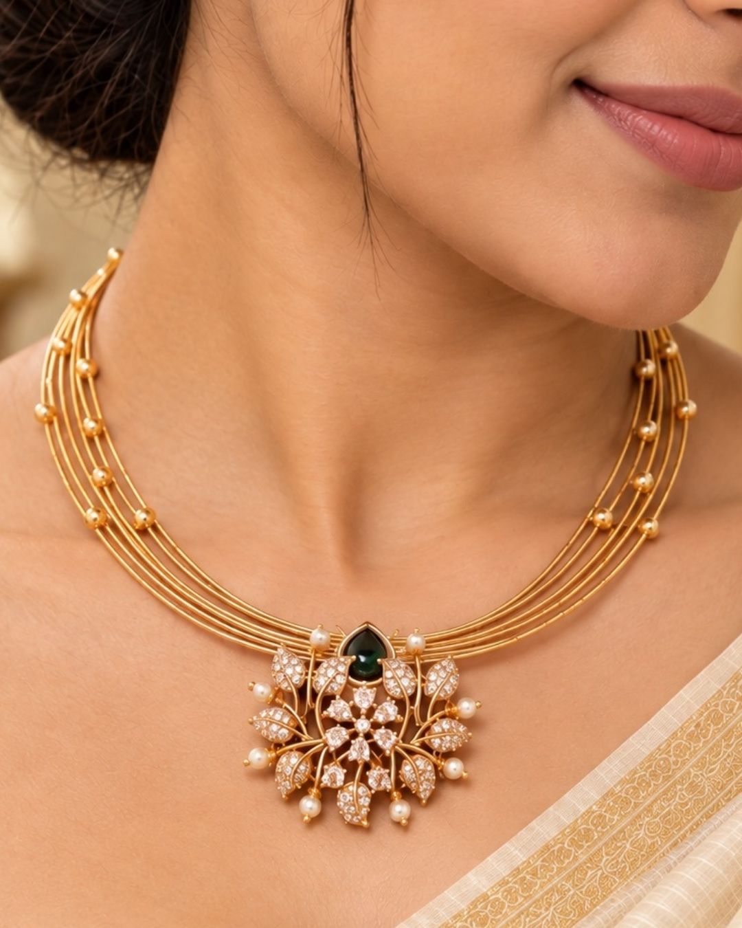 zircon diamond gold plated necklace with earrings designed with white pearls and leaf shaped gold beads with green emerald stone in middle. This necklace set has a premium gold finish, is lightweight, and comfortable to wear. Suitable for daily use, pooja, weddings, festivals, functions, and family occasions. It is sweat-proof, anti-fade, skin-friendly, and easy to wear daily
