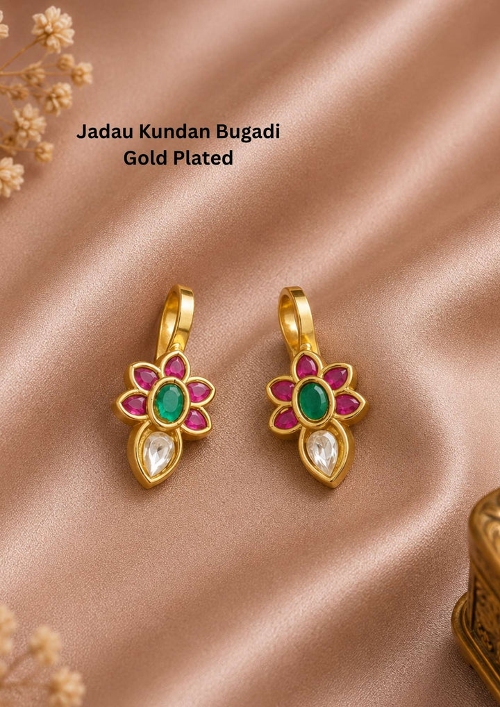 Beautiful floral earrings designed with ruby, emerald, and sparkling kundan stones in a premium gold plated finish.
Lightweight and comfortable for festive celebrations, weddings, and traditional occasions.
A perfect accessory to complement sarees, lehengas, and ethnic outfits.
