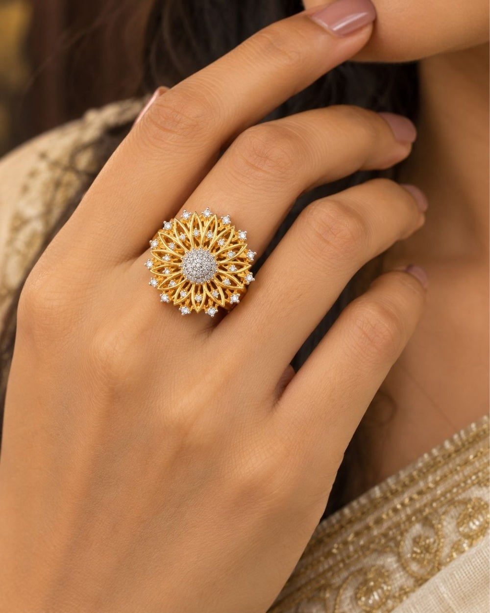Premium gold plated floral statement ring featuring intricate layered petals, sparkling CZ detailing, and a bold center design, perfect for parties, festive occasions, special events, and gifting.