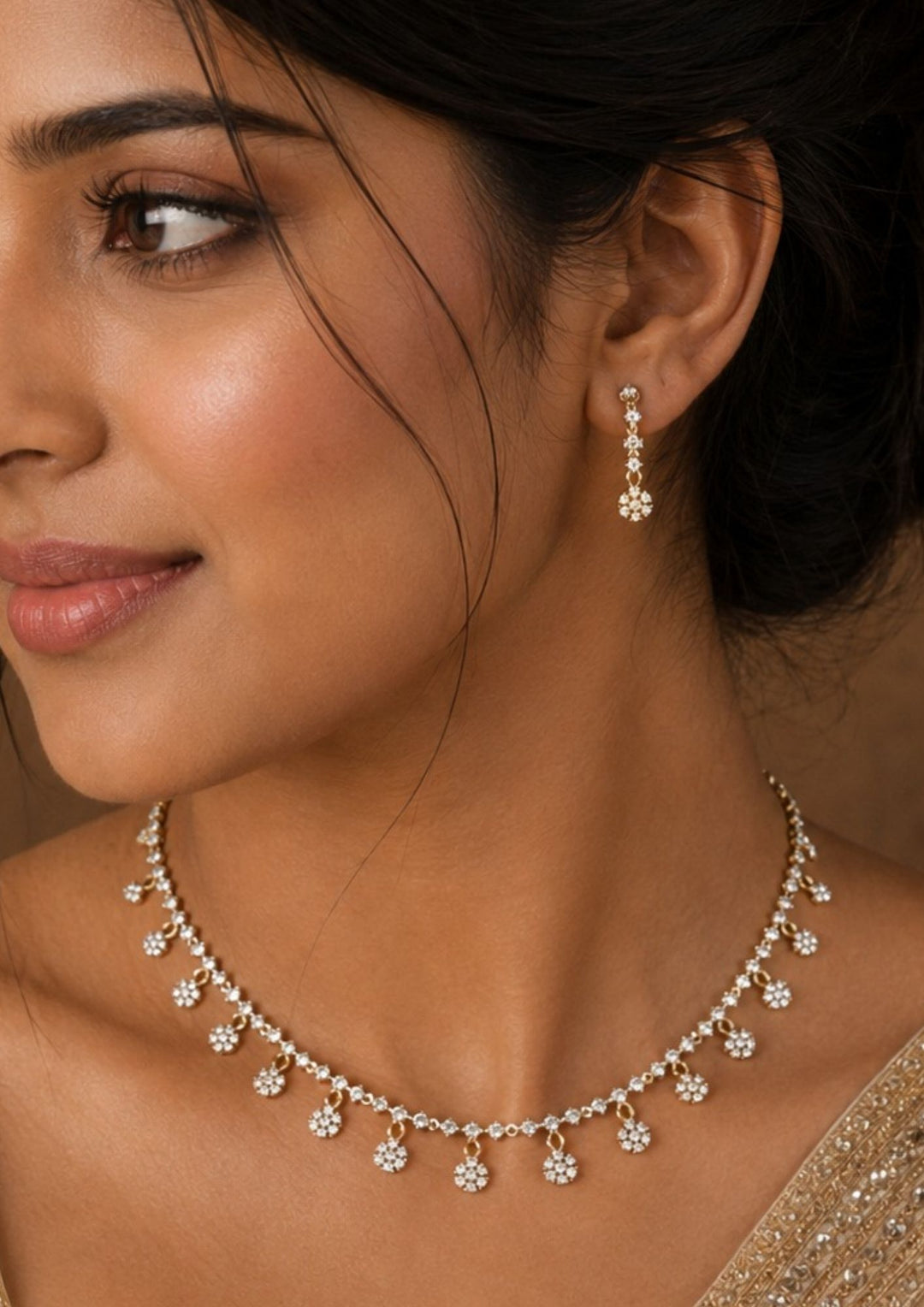 Close-up of a woman wearing Gold-plated zircon diamond necklace and earrings comes with flower design and shows in detailed how it look and looks very classy and neat finishing and can be use for festival , weeding and can gift 
