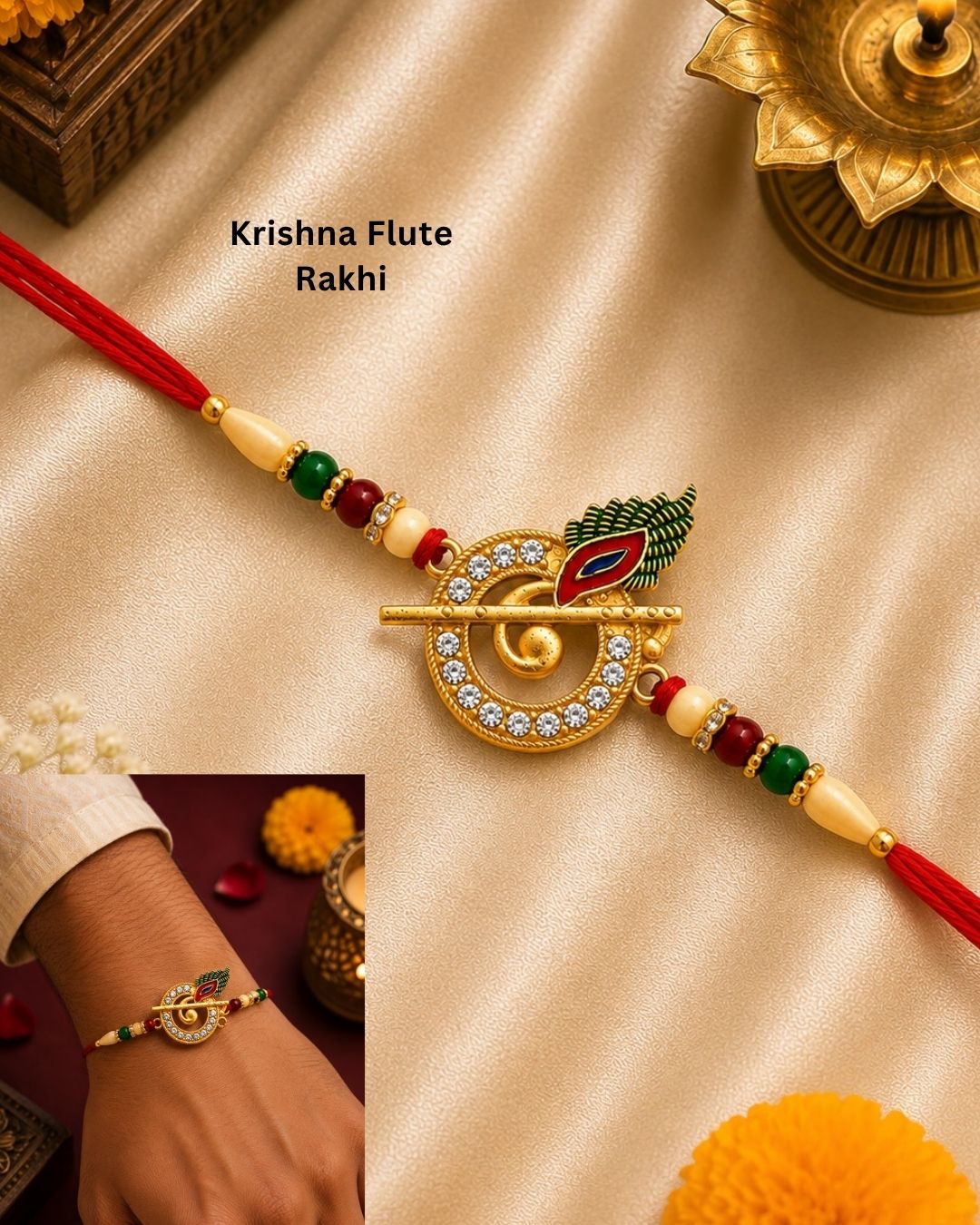 Beautiful Krishna Flute Rakhi designed with a golden bansuri, peacock feather charm, shimmering stones, and vibrant beads. Perfect for Raksha Bandhan celebrations, traditional gifting, festive wear, and expressing love and blessings for your brother.
