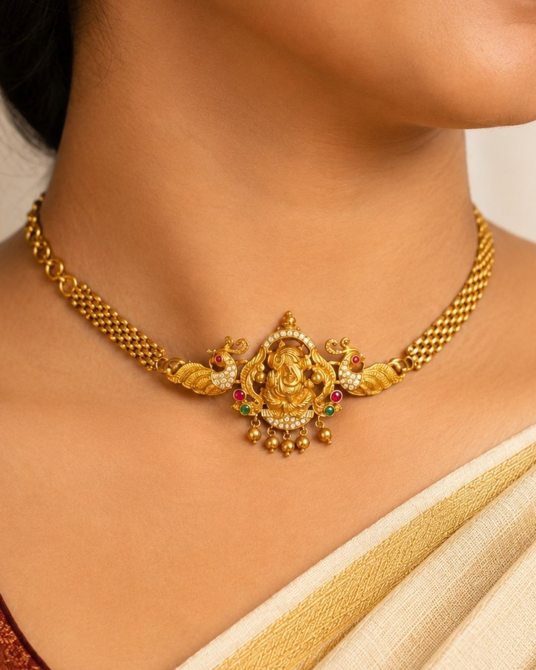 Premium gold plated choker and bajuband featuring an intricately crafted Goddess Lakshmi centerpiece surrounded by peacock motifs, white stones, red and green stone embellishments and delicate hanging gold beads. Perfect for weddings, festive occasions, traditional wear, dance performances, parties and gifting.