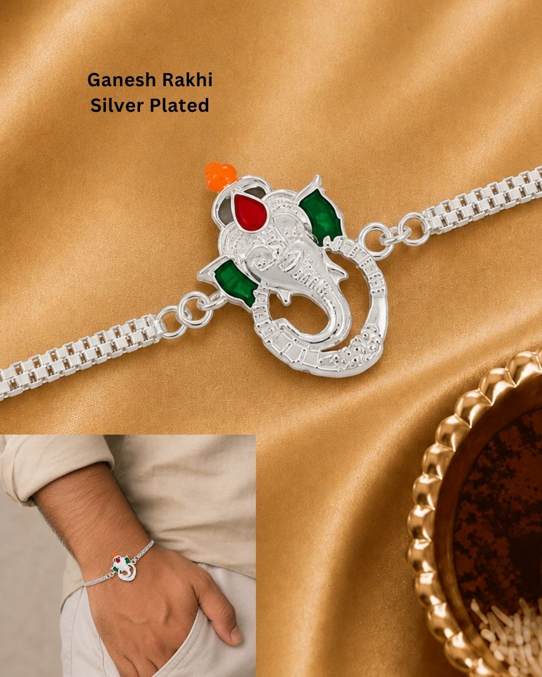Premium Silver Plated Ganesha Rakhi showcasing a finely detailed Lord Ganesha charm with a polished silver bracelet chain and festive handcrafted design.