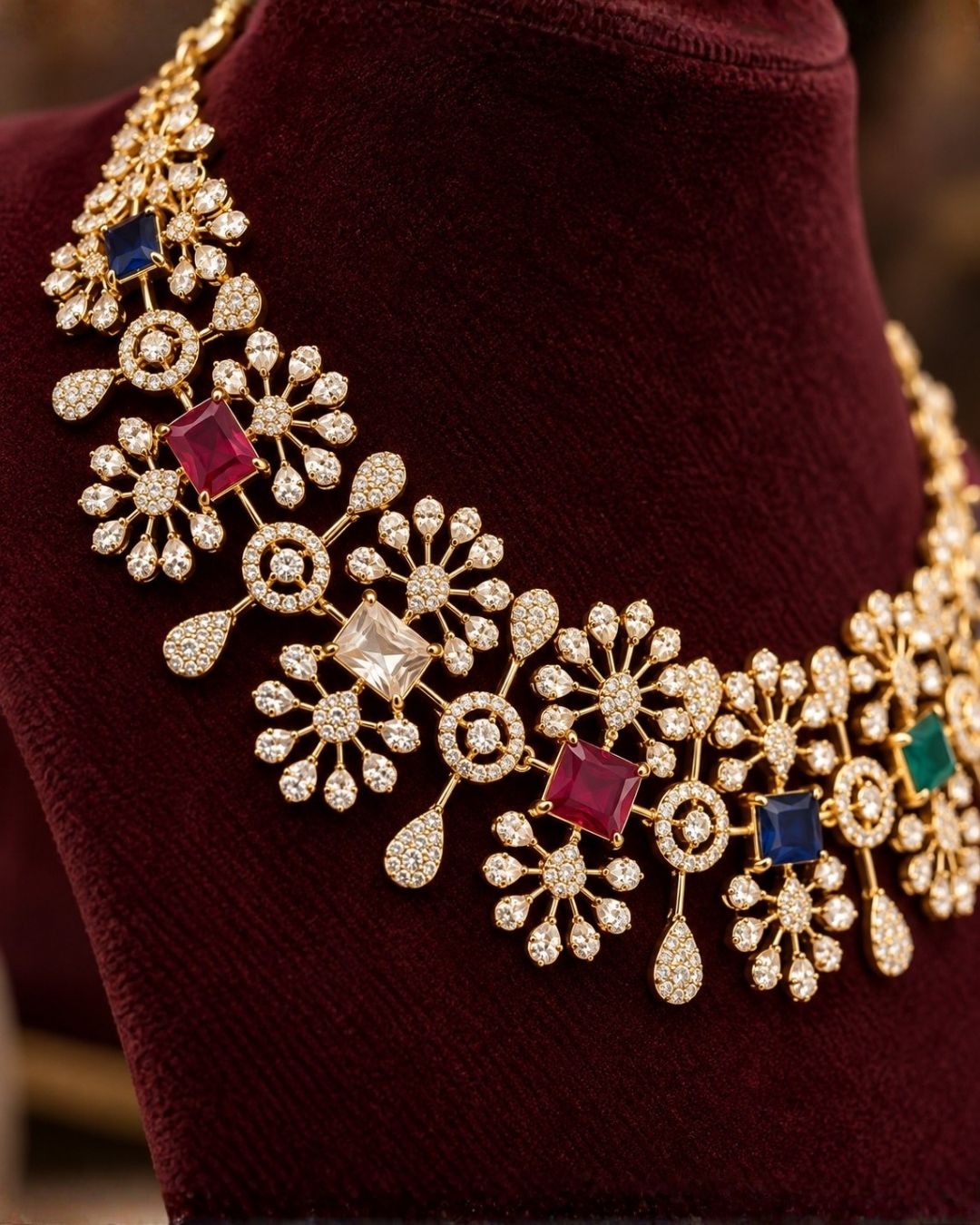 South Indian women wearing a premium zircon diamond gold plated necklace and matching earrings designed with shimmering clear stones and vibrant multi-color jewel accents that give a graceful modern royal look with lightweight comfortable use