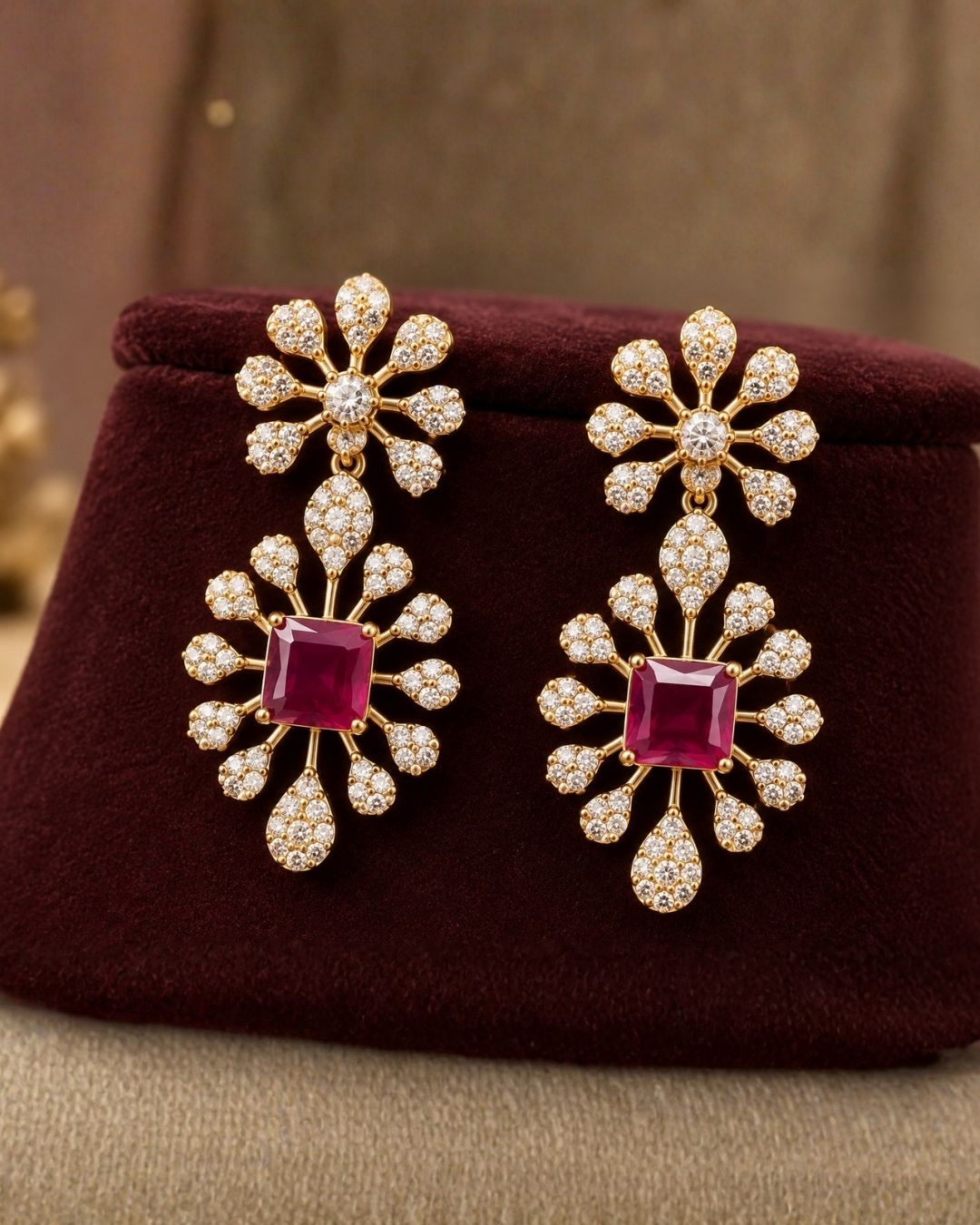 South Indian women wearing a premium zircon diamond gold plated necklace and matching earrings designed with shimmering clear stones and vibrant multi-color jewel accents that give a graceful modern royal look with lightweight comfortable use