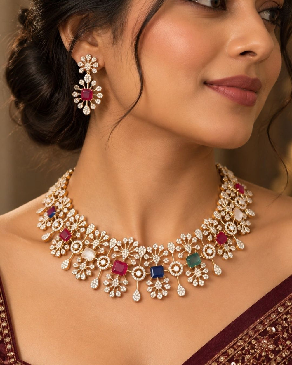 South Indian women wearing a premium zircon diamond gold plated necklace and matching earrings designed with shimmering clear stones and vibrant multi-color jewel accents that give a graceful modern royal look with lightweight comfortable use