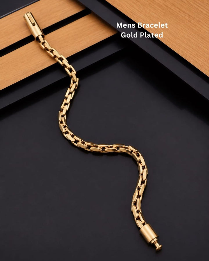 Stylish gold plated men’s bracelet featuring a sleek geometric link pattern, polished finish, and secure clasp, perfect for daily wear, parties, festive occasions, and modern looks.