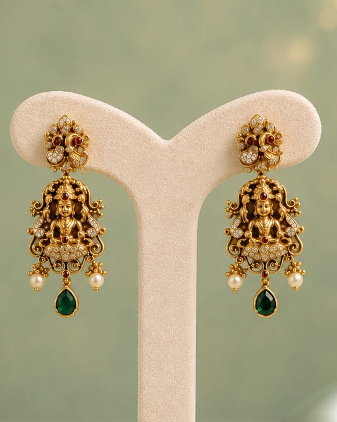 Premium antique gold plated temple necklace and earrings set crafted with intricate Ganesha and peacock designs, sparkling CZ stones, green accents, and elegant pearl details.