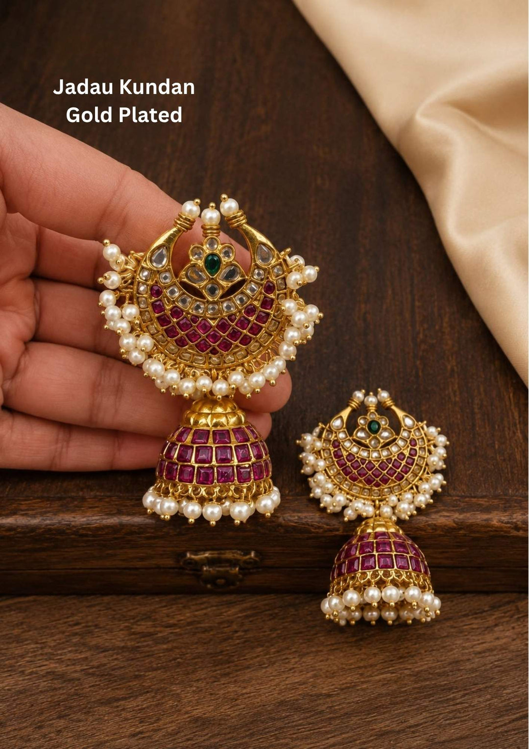 Gold-plated Jadau Kundan earrings with real kempu and come with guttapusallu and with moon shape earrings and it will not fade a colour and can be used for festivals and weeding's   