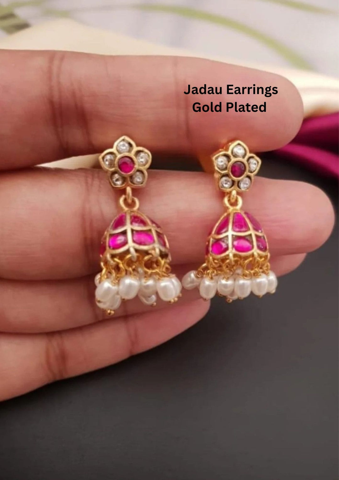 Gold-plated Jadau earrings with pink stones and pearl drops 