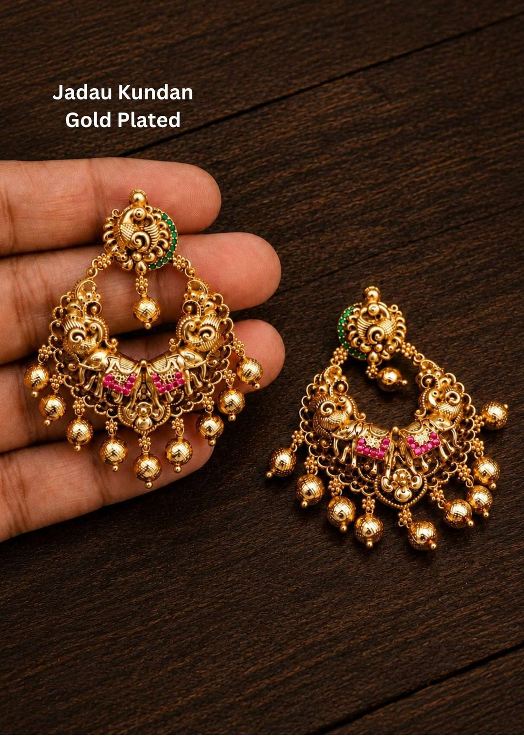 Gold-plated Jadau kundan earrings with pink gemstone and looks very elegant and  comes with much detailed look and can use for daily ware, functional ware, festive ware nad perfect for giffting 