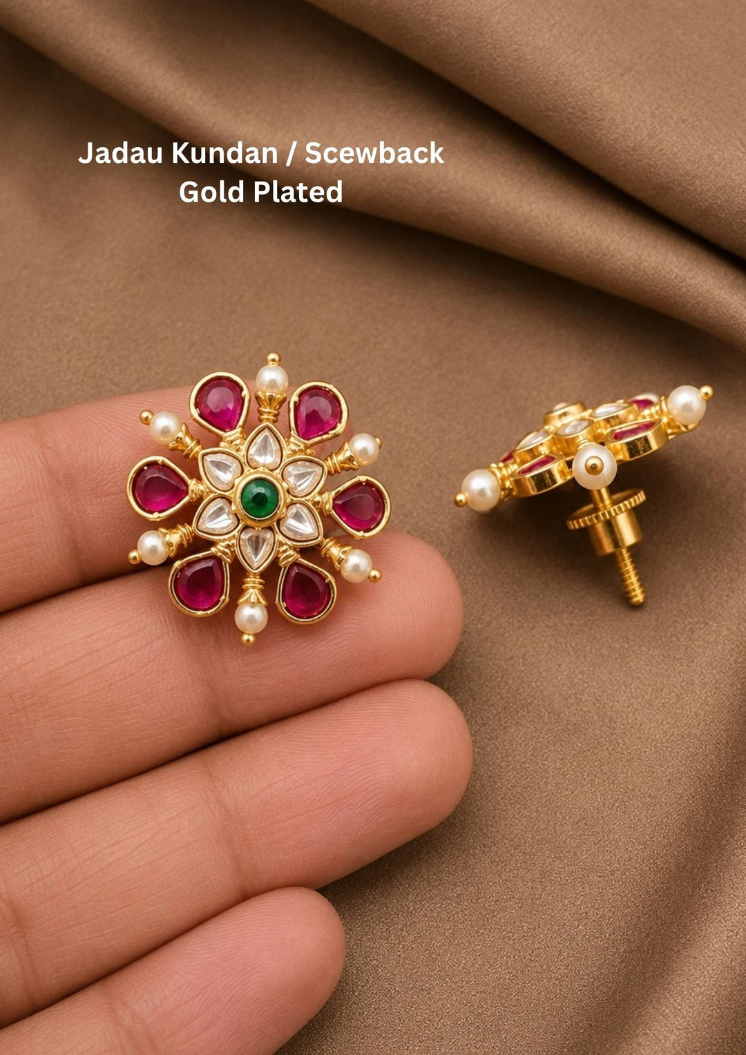 Gold-plated Jadau kundan studs with screw back come with pink gemstone and looks very elegant and  comes with much detailed look and can use for daily ware, functional ware, festive ware nad perfect for giffting 
