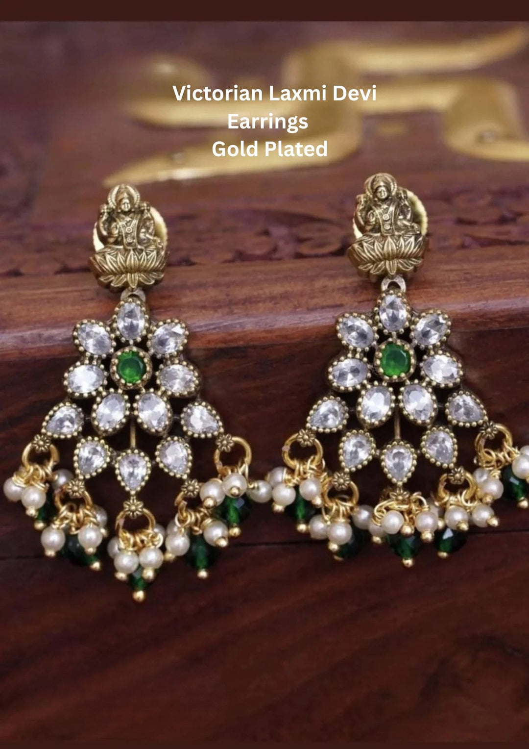 Gold-plated Victorian Laxmi Devi earrings with green and pearl gemstones