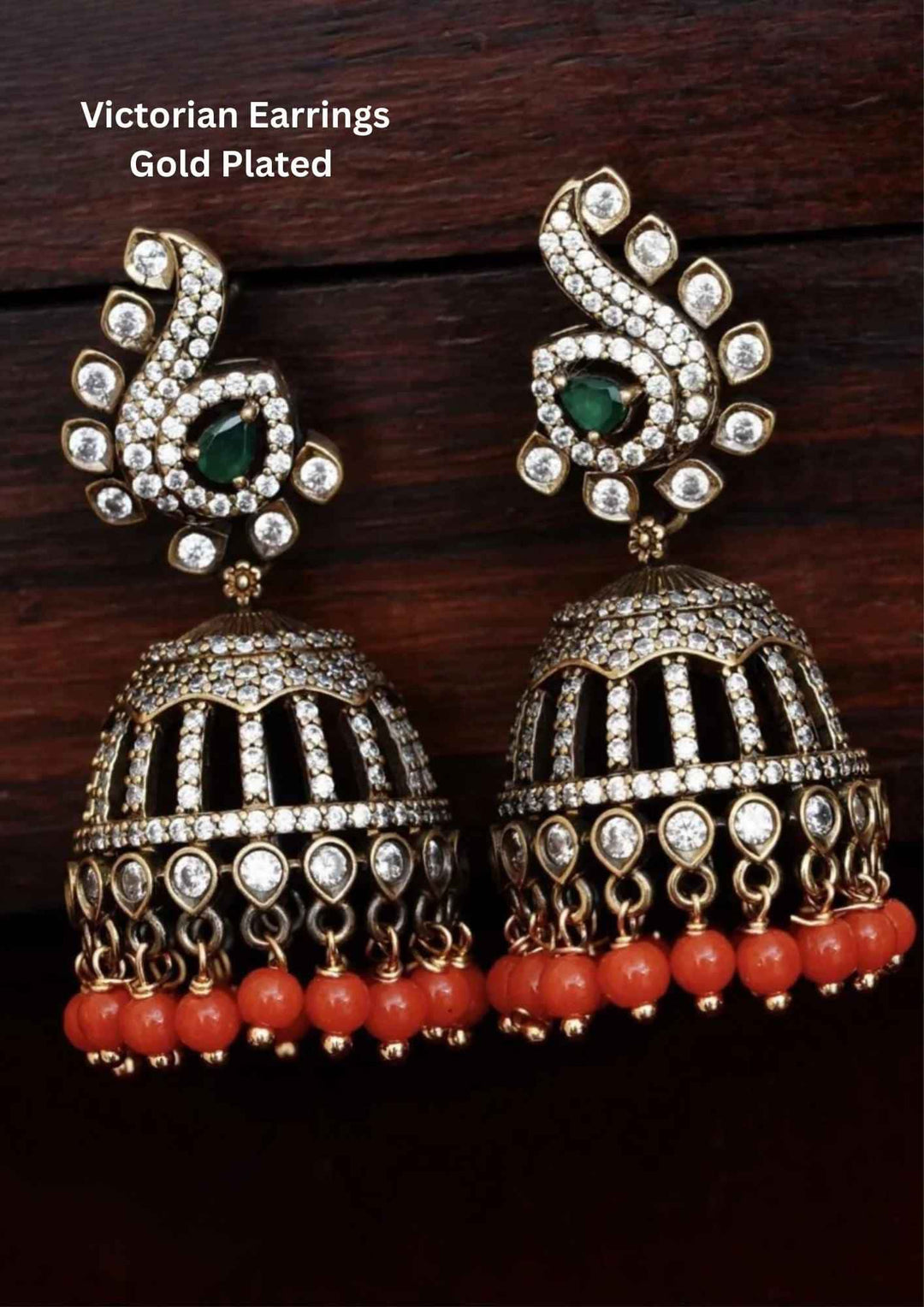 Gold-plated Victorian earrings with green and red stones