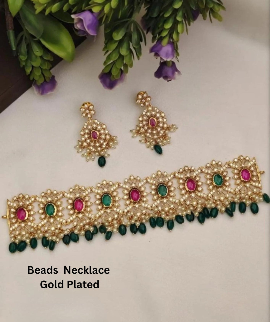 Gold-plated beads necklace and earrings