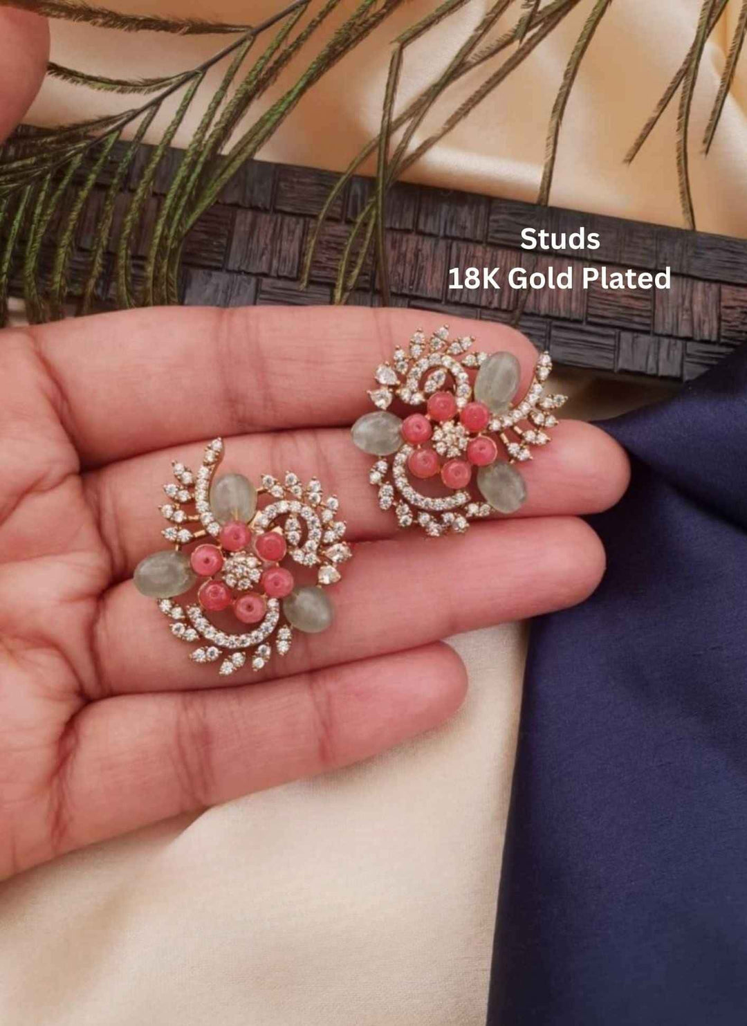 Gold-plated earrings with pink and green stones