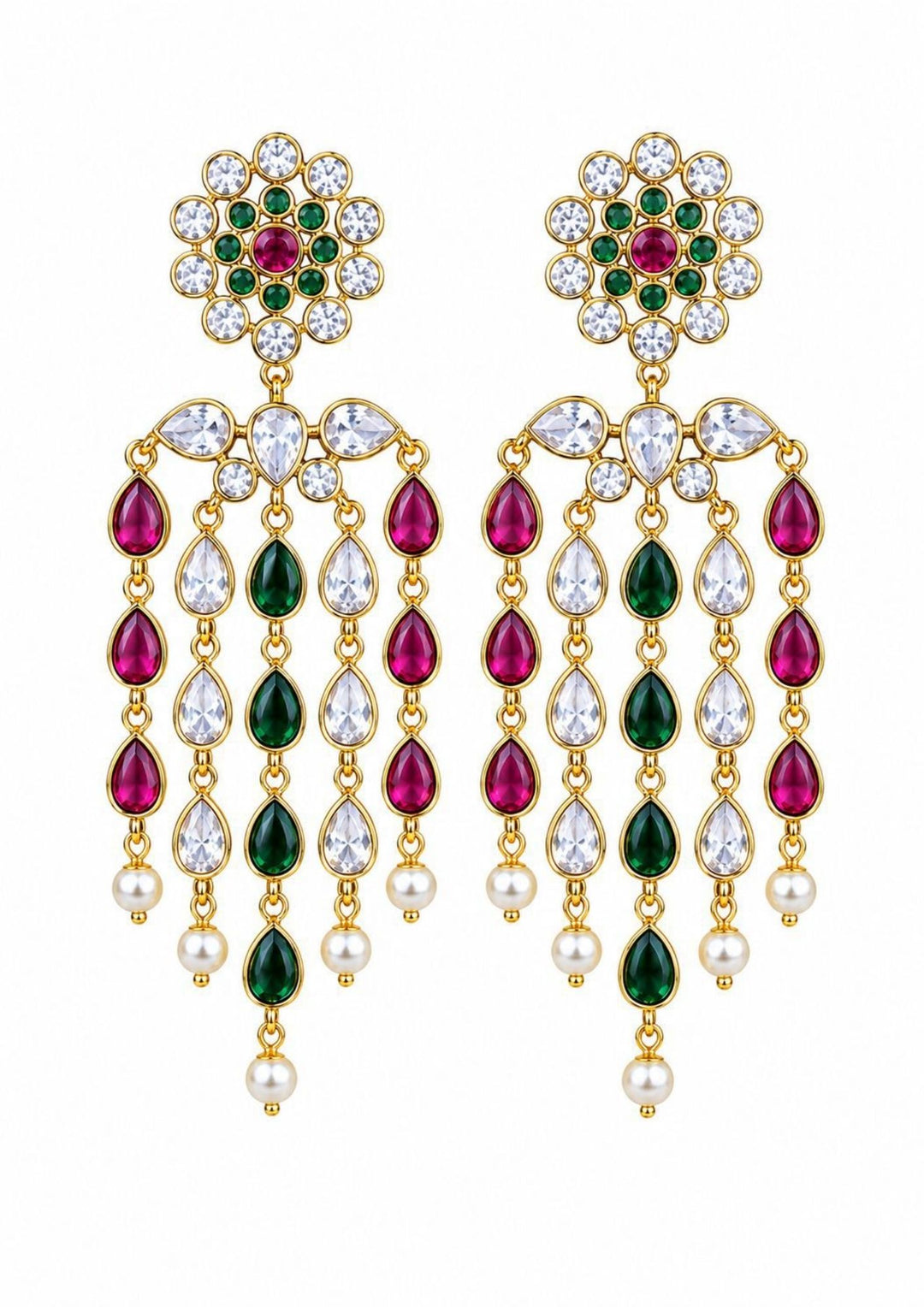 Ornate earrings with gemstones on a white background Gold-plated zircon diamond earrings  come with multi colour stones  featuring colorful zircon stone options, simple elegant drop design, premium gold plated finish, lightweight structure, sweat resistant coating, anti-fade polish, and skin-friendly wear suitable for daily use, office wear, festivals, and casual wear, daily wear.