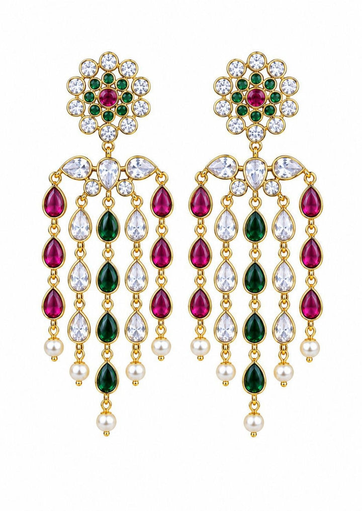 Ornate earrings with gemstones on a white background Gold-plated zircon diamond earrings  come with multi colour stones  featuring colorful zircon stone options, simple elegant drop design, premium gold plated finish, lightweight structure, sweat resistant coating, anti-fade polish, and skin-friendly wear suitable for daily use, office wear, festivals, and casual wear, daily wear.