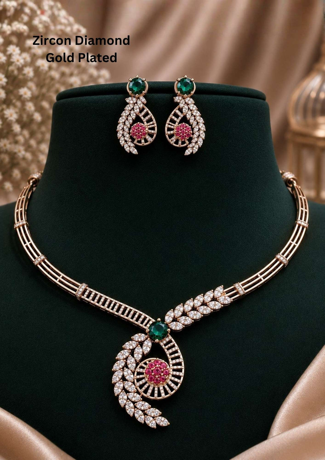 Gold-plated zircon diamond necklace and earrings comes with leaf design and shows in detailed how it look and looks and comes with green and pink gemstones and very classy and neat finishing and can be use for festival , weeding and can gift 
