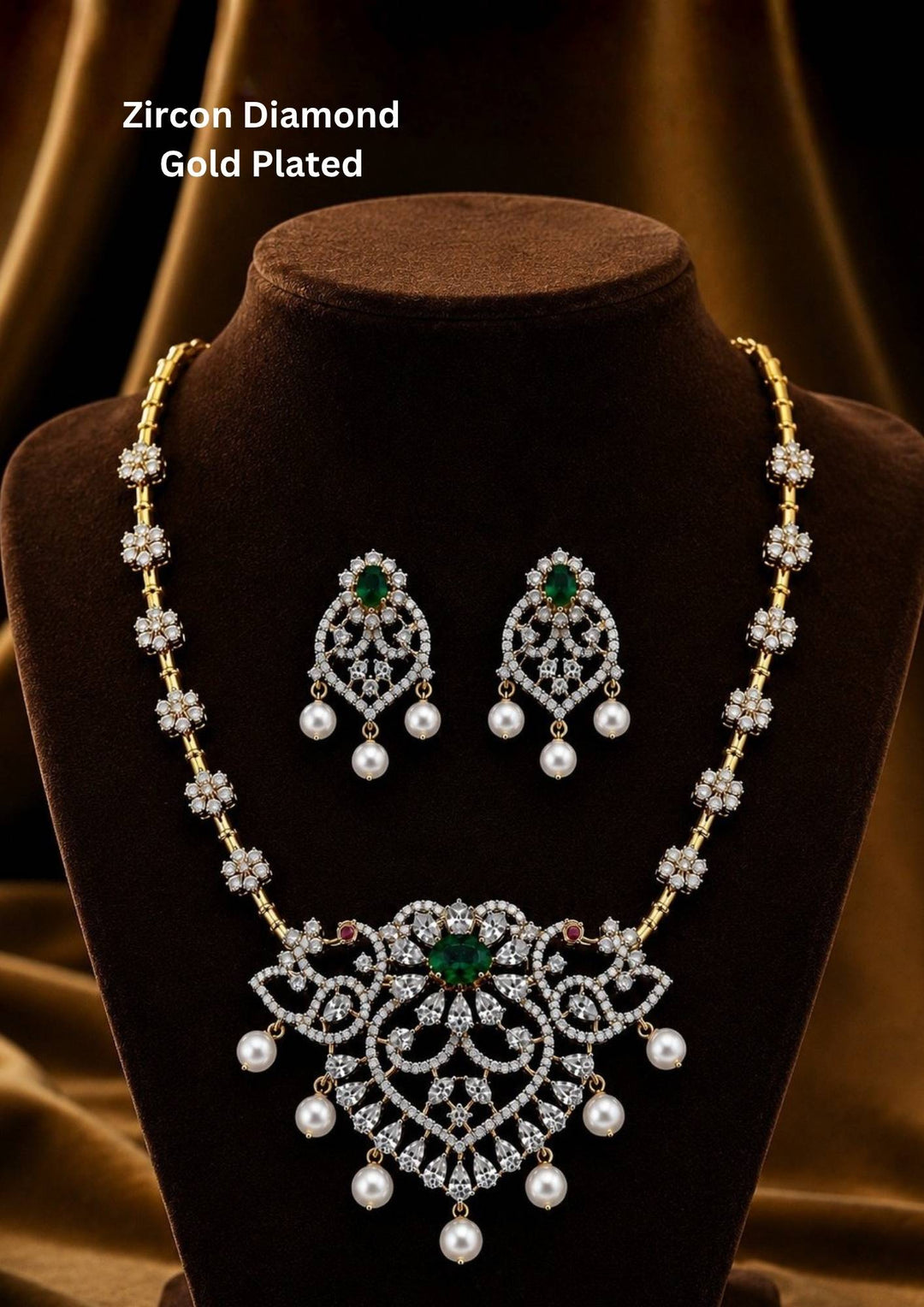 Gold-plated zircon diamond necklace and earrings comes with peacock design and shows in detailed how it look and looks and comes with green gemstone and very classy and neat finishing and can be use for festival , weeding and can gift 