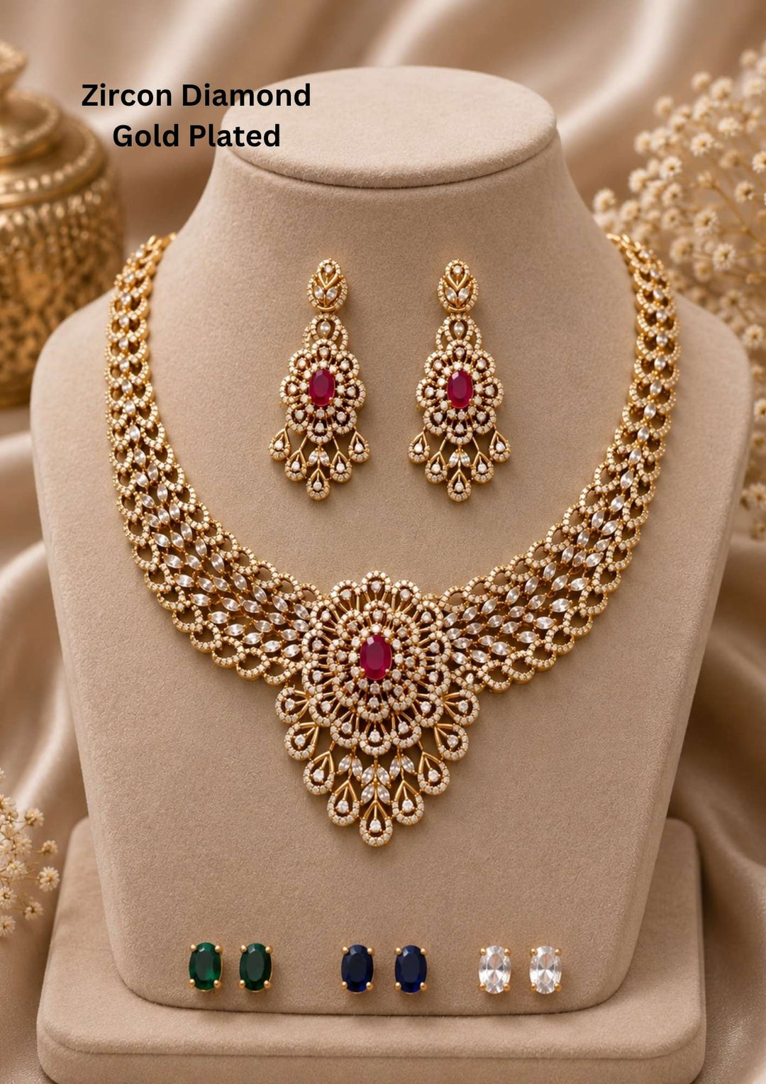Gold-plated zircon diamond necklace and earrings with interchangeable stones in image necklace and earrings shows very clear and can be used for festive , functional 