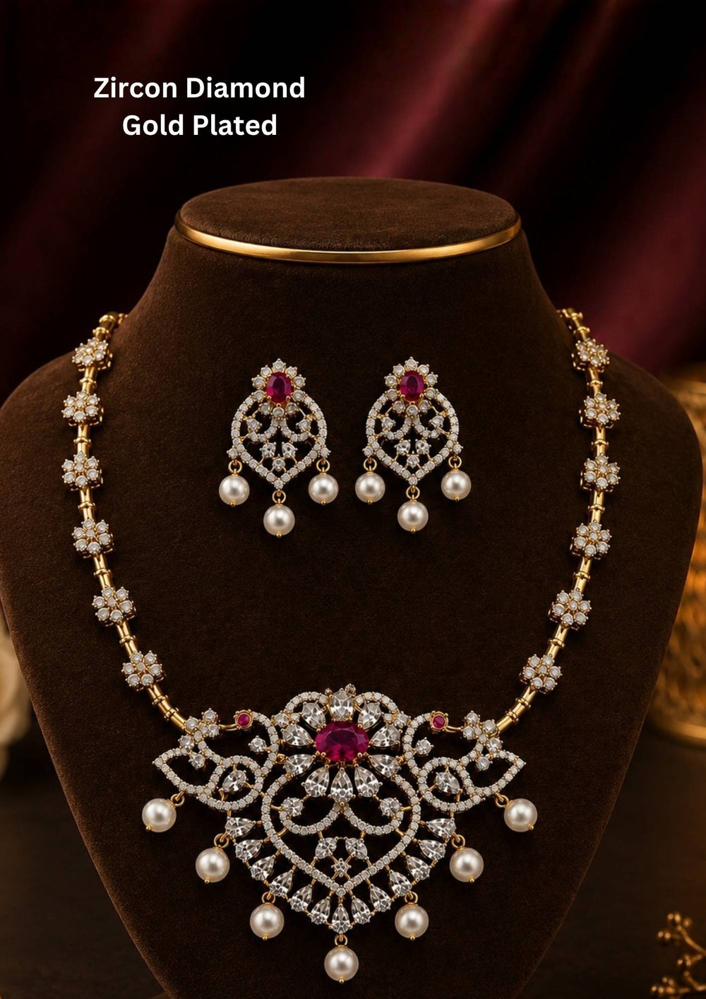 Gold-plated zircon diamond necklace and earrings comes with peacock design and shows in detailed how it look and looks and comes with green gemstone and very classy and neat finishing and can be use for festival , weeding and can gift 