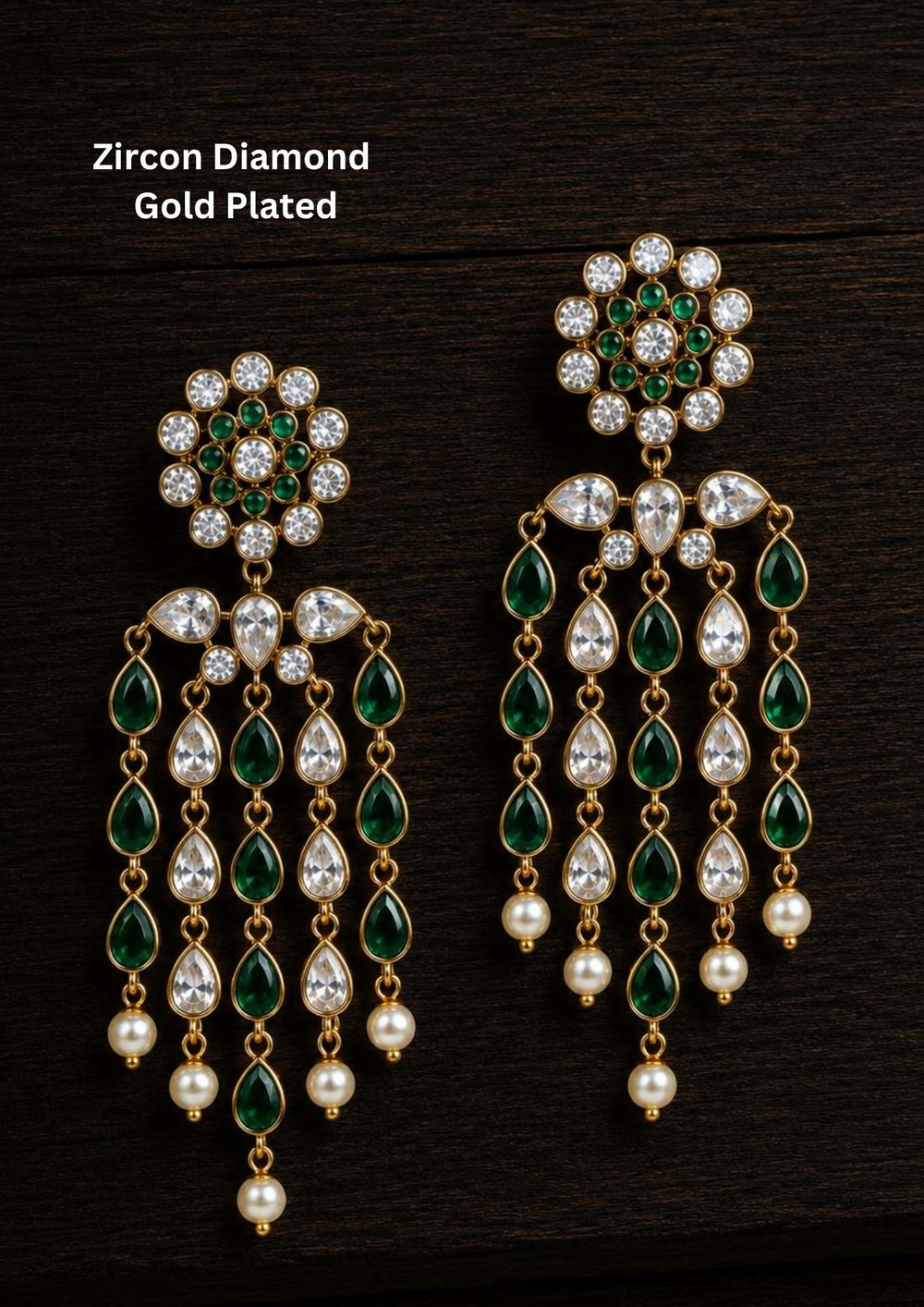 Gold-plated zircon diamond earrings with green and white stones featuring colorful zircon stone options, simple elegant drop design, premium gold plated finish, lightweight structure, sweat resistant coating, anti-fade polish, and skin-friendly wear suitable for daily use, office wear, festivals, and casual wear, daily wear. -- green
