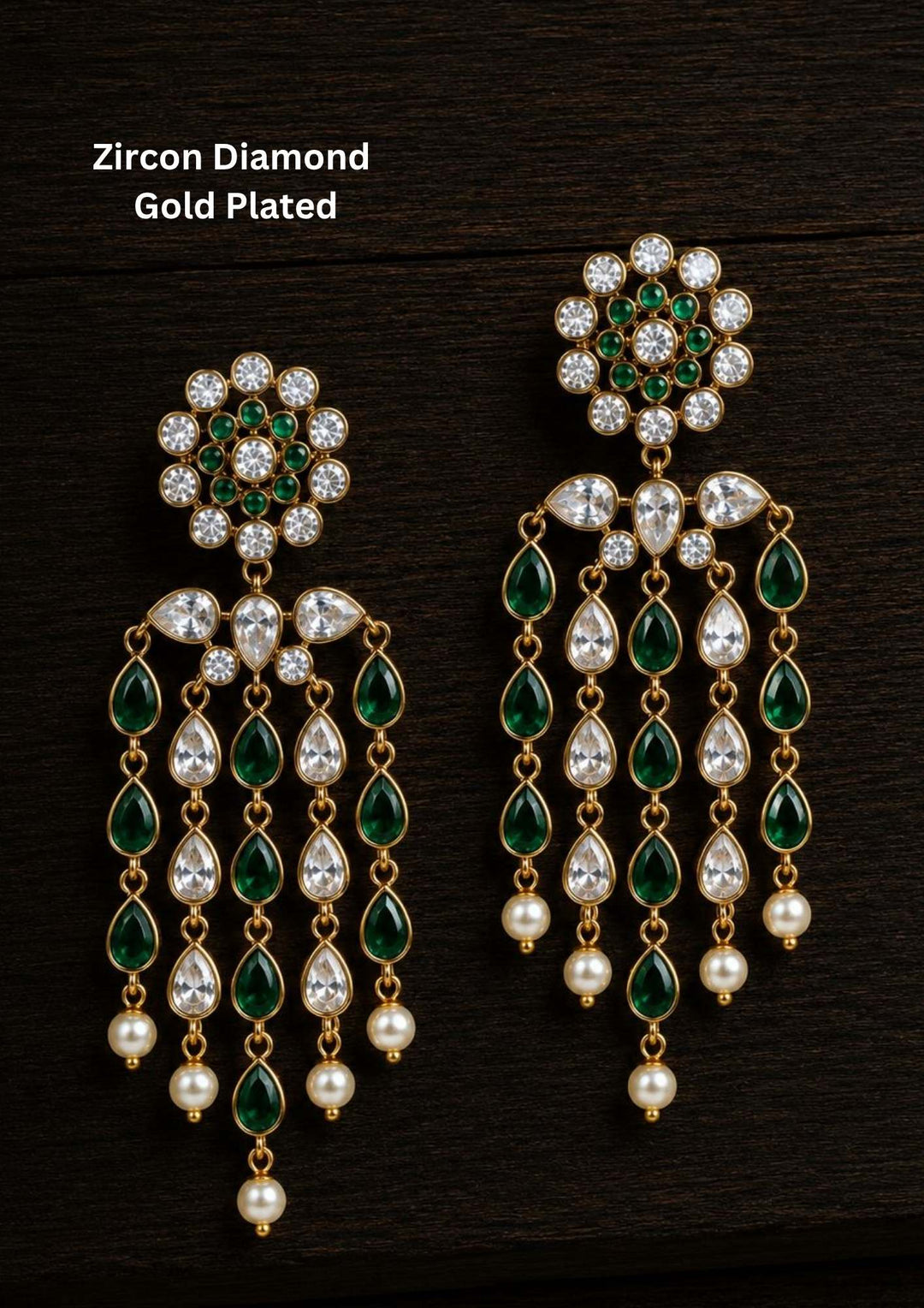 Gold-plated zircon diamond earrings with green and white stones featuring colorful zircon stone options, simple elegant drop design, premium gold plated finish, lightweight structure, sweat resistant coating, anti-fade polish, and skin-friendly wear suitable for daily use, office wear, festivals, and casual wear, daily wear. -- green
