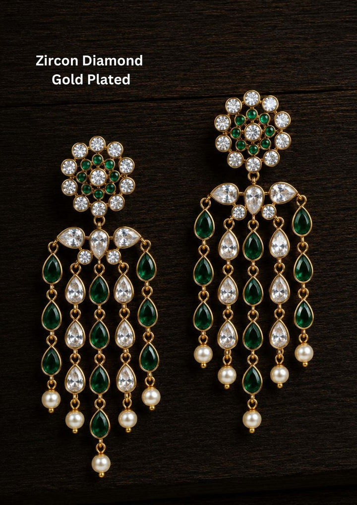 Gold-plated zircon diamond earrings with green and white stones featuring colorful zircon stone options, simple elegant drop design, premium gold plated finish, lightweight structure, sweat resistant coating, anti-fade polish, and skin-friendly wear suitable for daily use, office wear, festivals, and casual wear, daily wear. -- green
