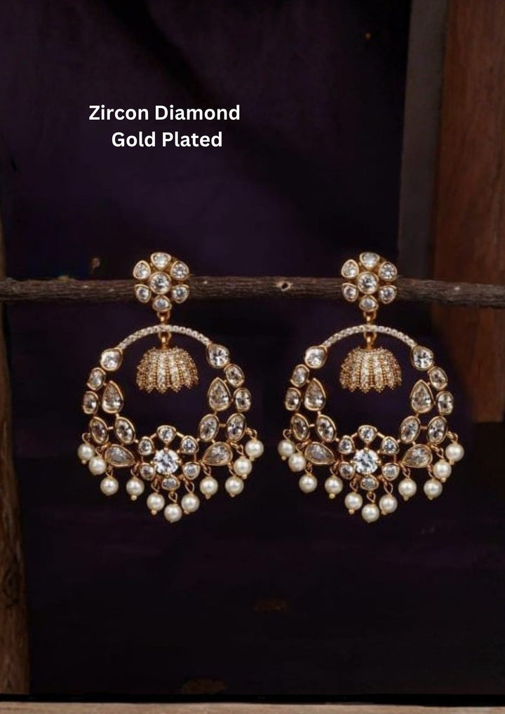 Zircon diamond gold plated white Chandbali Earrings waterproof, anti fade used for Festival ware, weddings, and ideal for gifting. 