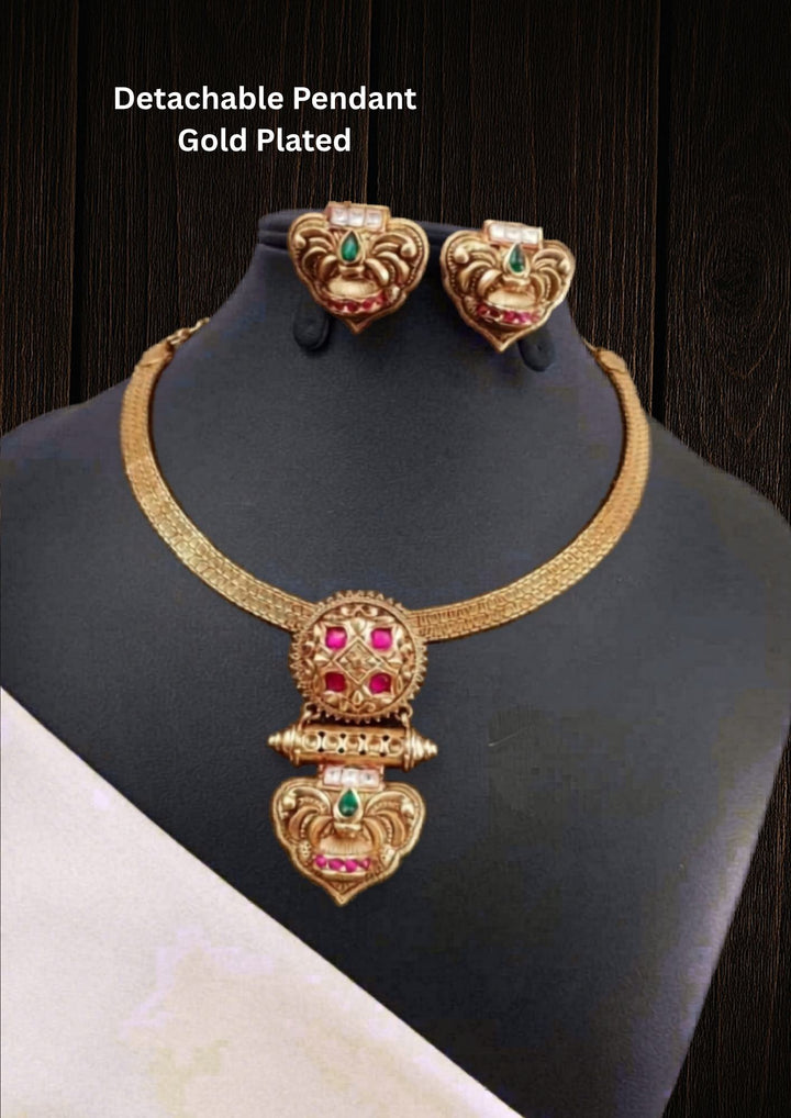 Jadau Kundan gold plated Detachable Pendant design necklace set with waterproof, anti fade used for weddings, festivals and ideal for gifting. 