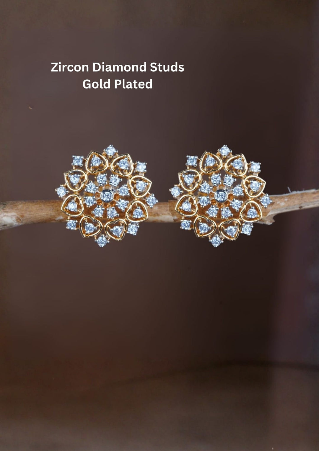 Diamond Gold Plated Studs with heart shape design, intricate, delicate for dailywear ,officewear and festive for south Indians  