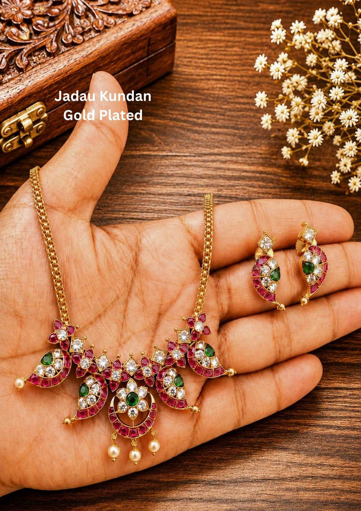 Kundan Gold Plated Real Kempu Necklace with earrings and Shows Much Traditional in partiture jewelary shown very clearly and can be used for festivals , weeding's , poojas  and can gift 