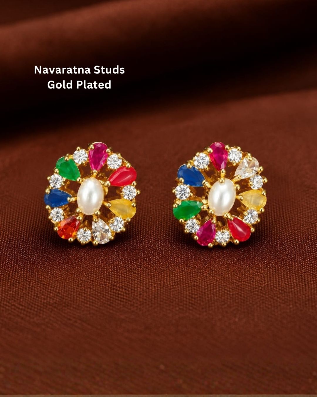 Beautiful gold plated floral earrings featuring a lustrous pearl center, colorful petal-shaped stones, and sparkling crystal accents, perfect for festive occasions, parties, weddings, and traditional looks.