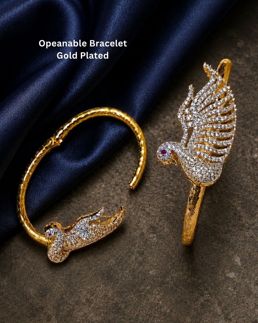 Beautiful gold plated designer kada pair featuring intricate interwoven knot-inspired motifs highlighted with sparkling CZ stones. Perfect for festive occasions, traditional wear, parties, celebrations, and gifting.