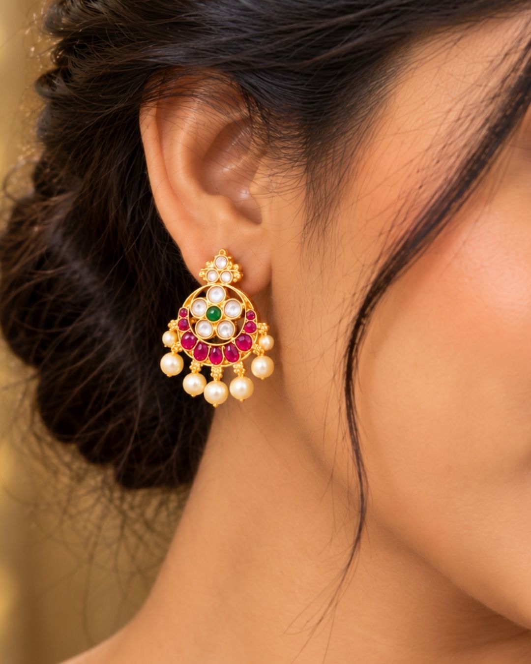 Traditional gold plated designer necklace and earrings set featuring rows of detailed coin motifs, floral designs with ruby, green and white stones, and pearl drops, perfect for festive, wedding, and traditional occasions.