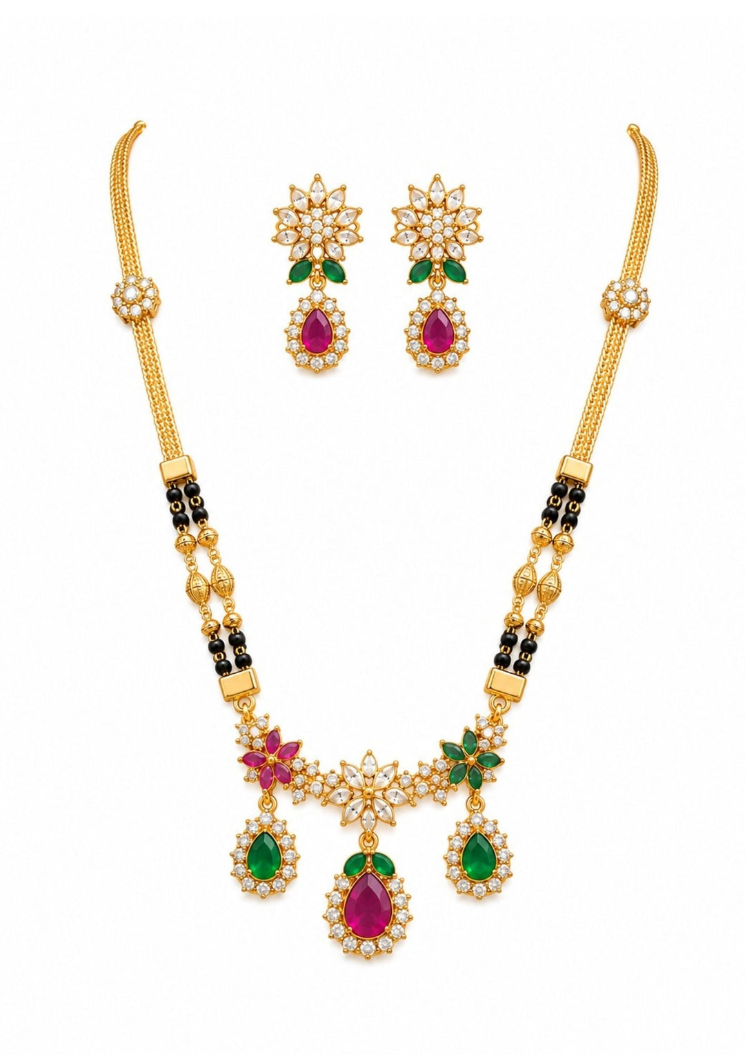 Gold necklace with gemstones and matching earrings on a white background old plated multi colour mangalsutra (nallapusallu) come with zircon diamond and its a traditional to all the women and can use for dailyware , festival ware , functional 