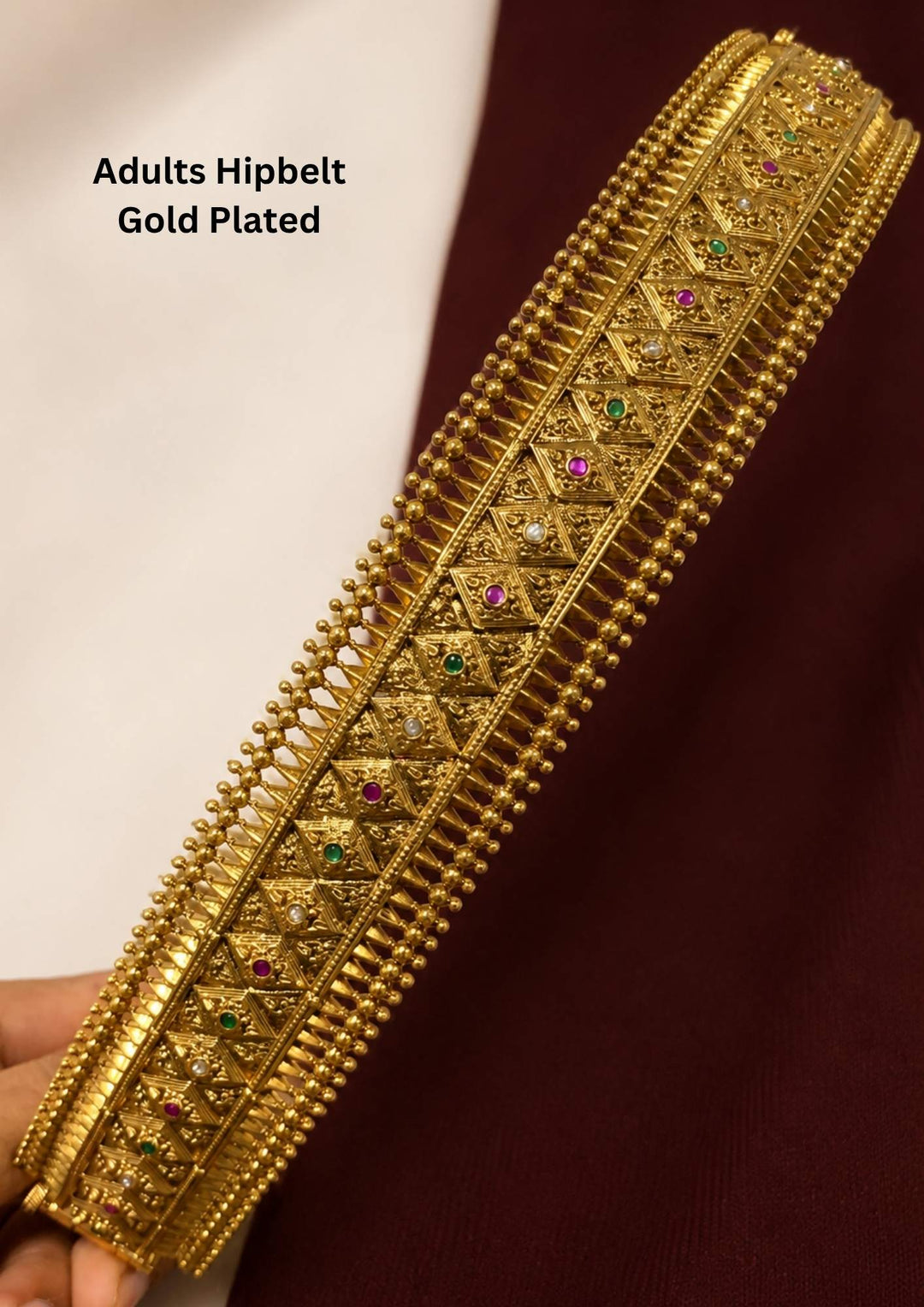 gold plated hipbelt with beads and in picture it shows clearly how it looks traditional (vaddranam) for Indians and can be used for weeding's , festivals  and can gift 