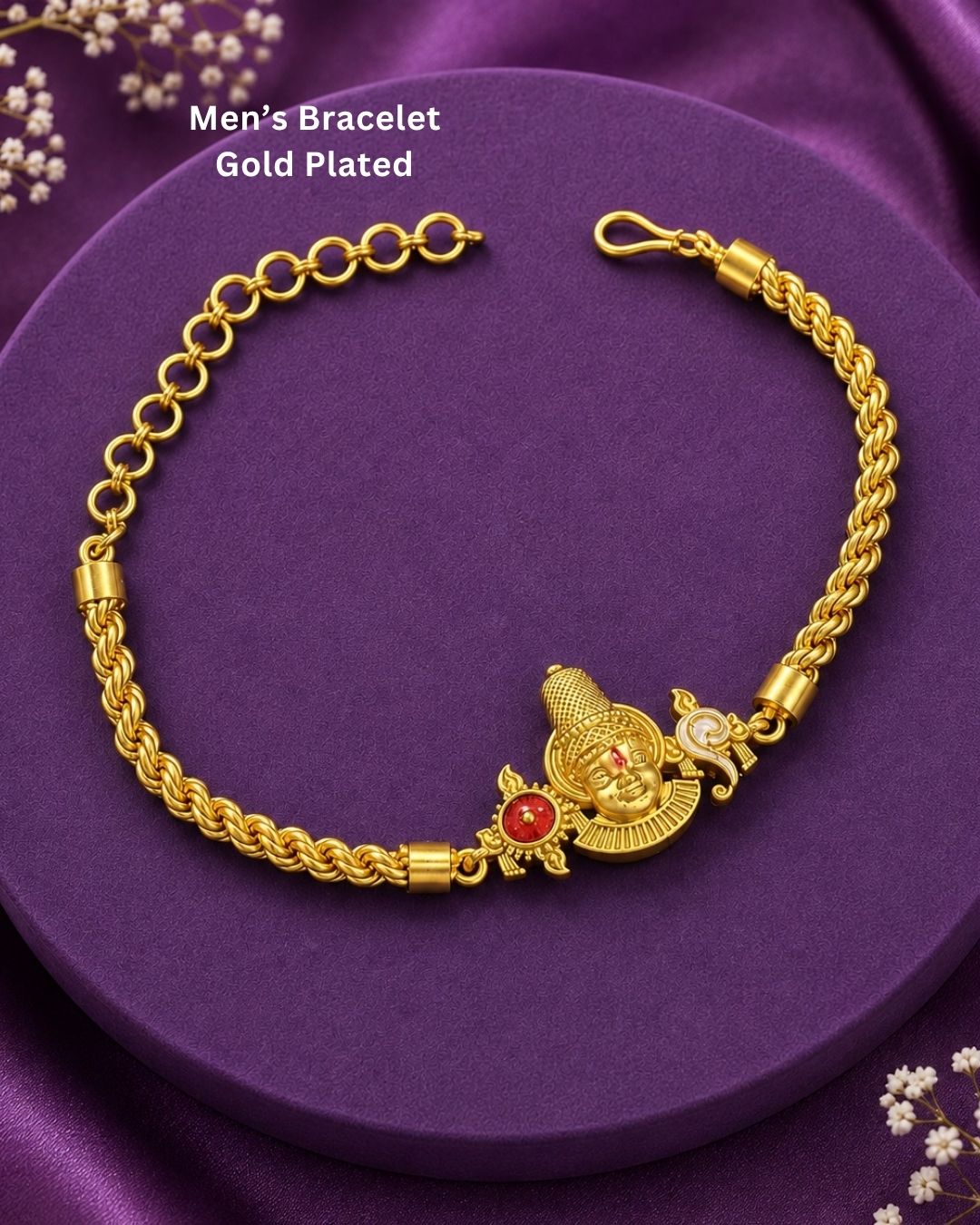 Beautiful gold plated Balaji bracelet featuring a detailed Lord Balaji centerpiece with a red stone accent, paired with a twisted rope chain and adjustable extension links. Perfect for devotional wear, traditional occasions, festive celebrations, daily wear, and gifting.