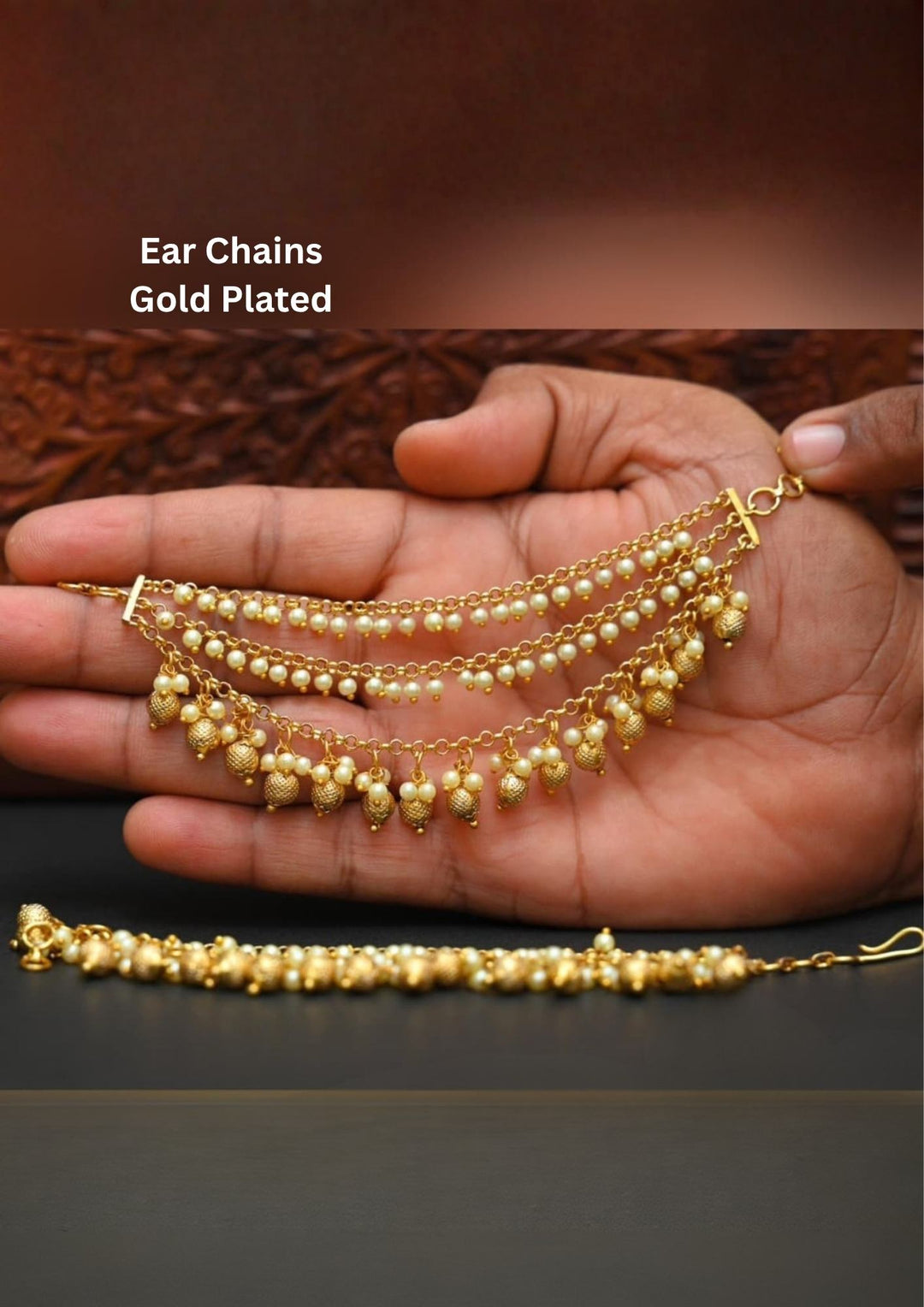 Gold Plated Beads Traditional Earchains All traditional women wear this (chempasavarallu) earchains so in image clearly shows how it look and can be used for weeding's and functions 