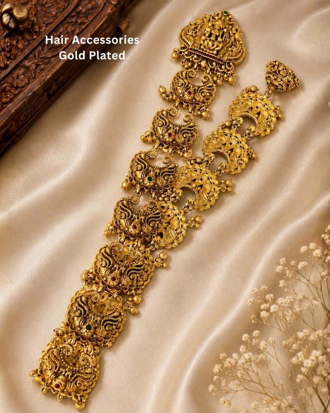 Beautiful Lakshmi Peacock gold plated Jada Billalu featuring intricate temple-inspired craftsmanship, antique finish, detailed peacock motifs, and traditional South Indian artistry. Perfect for bridal hairstyles, weddings, festivals, Bharatanatyam, Kuchipudi performances, and premium gifting.