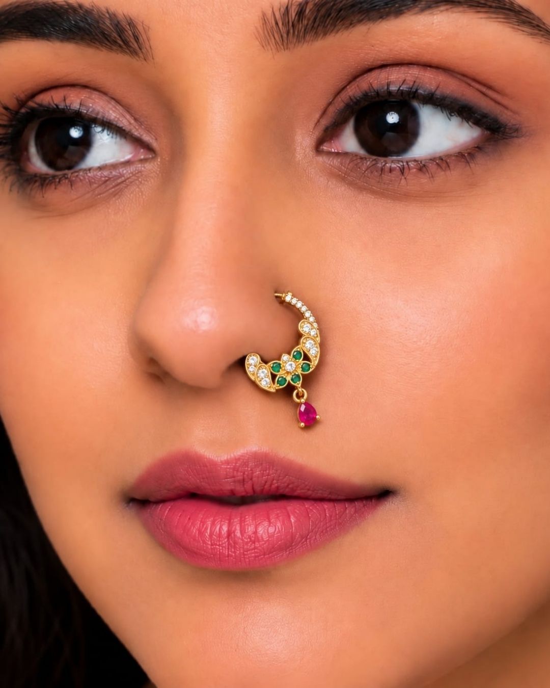 Traditional gold plated floral nose pin with green and pink stone detailing, sparkling white CZ accents, and a screw-back design.
